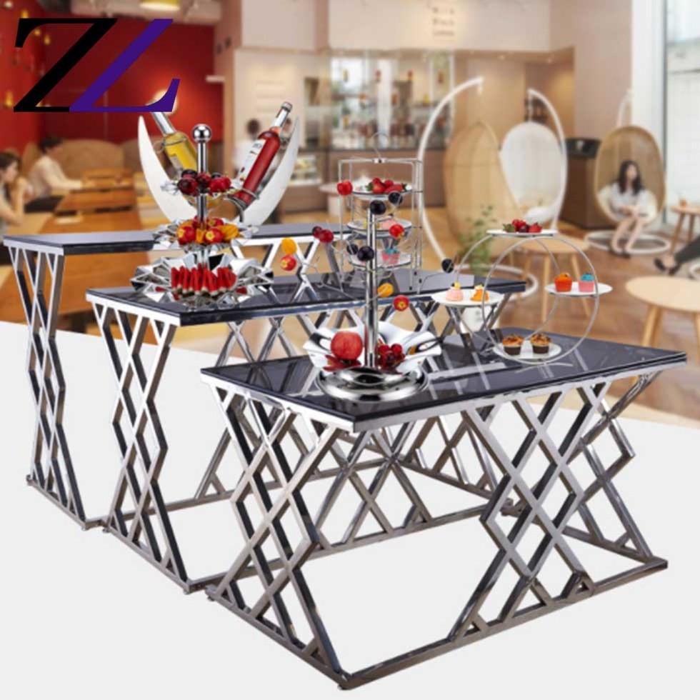 Modern design stainless steel meja makan table set restaurant catering furniture commercial buffet catering dining glass table