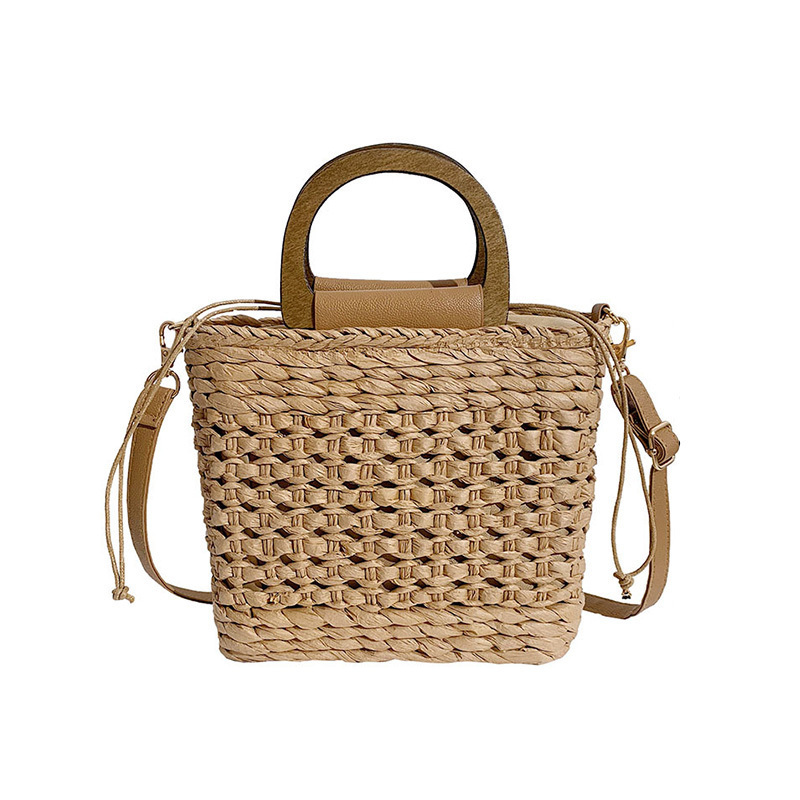 2023 Factory Direct Fashion Hand-Woven Summer Straw Beach Bags Wooden Handle High Drawstring Messenger Bags Solid Lady Lock