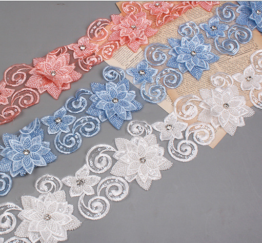 ZSY  NEW beaded flower trimming Lace Embroidery Strand Embroidery Wedding Embroidery Hand Beaded Color Barcode Wedding Dress Lac