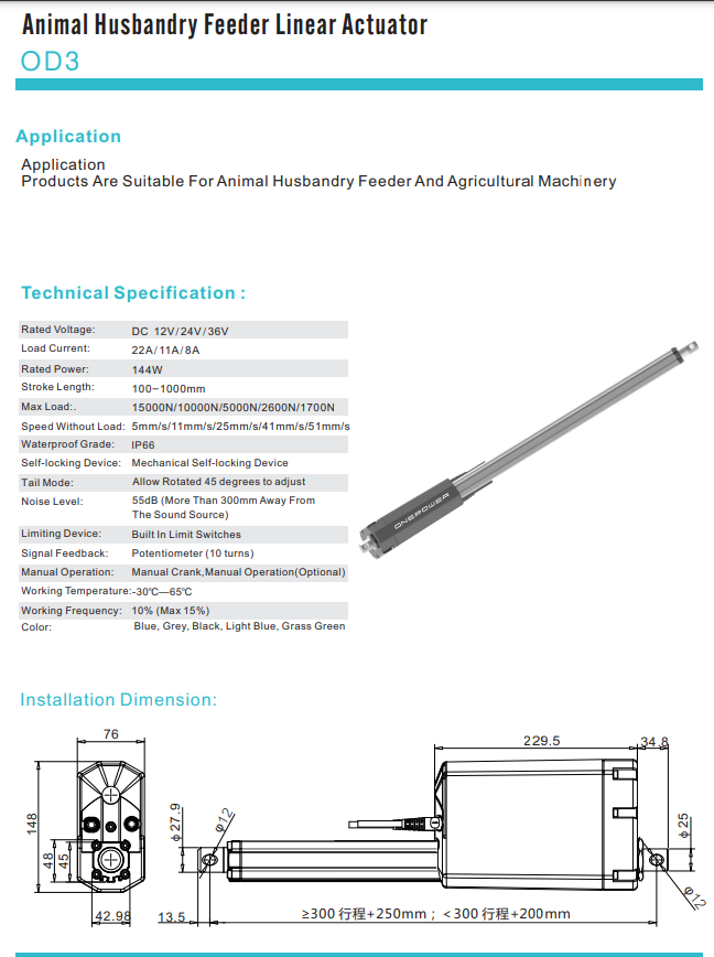 ONEPOWER waterproof IP67 IP66 electric 24v linear actuator 12v  15000N 30000N
