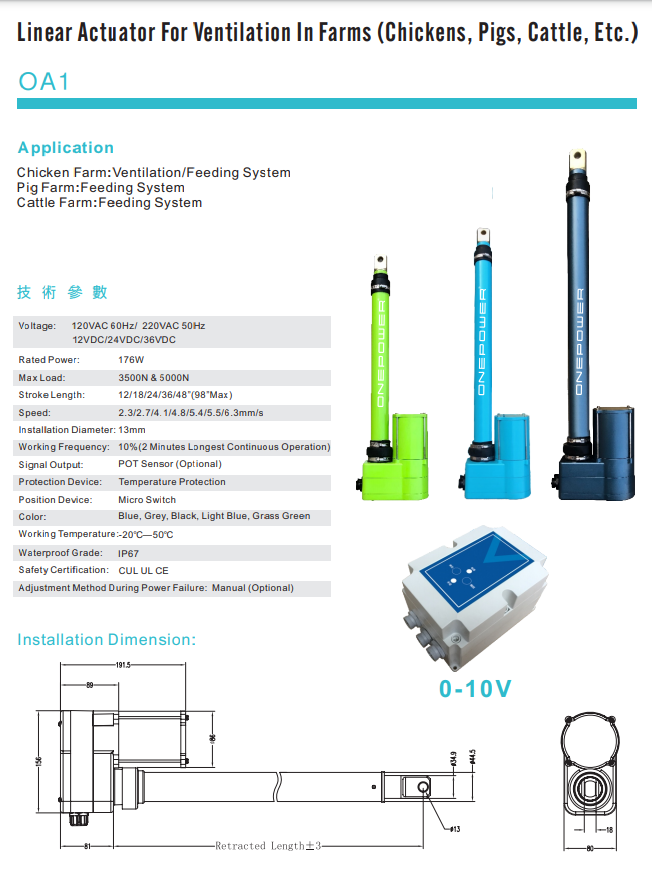 ONEPOWER 120v 230v 24v 36v  pig chicken farm throttle ventilation electric linear actuator