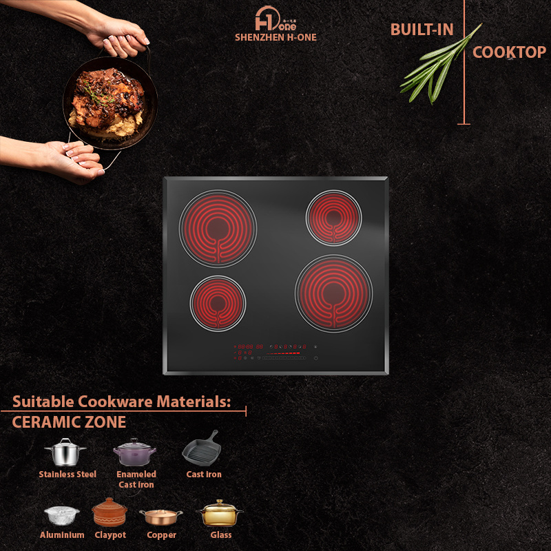 H-One 4 Burner Large Electric Radiant Glass Ceramic Cooktop Black 60cm Built In Ceramic Hob