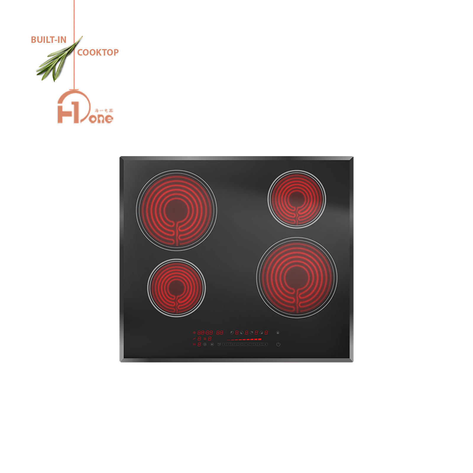 H-One 4 Burner Large Electric Radiant Glass Ceramic Cooktop Black 60cm Built In Ceramic Hob