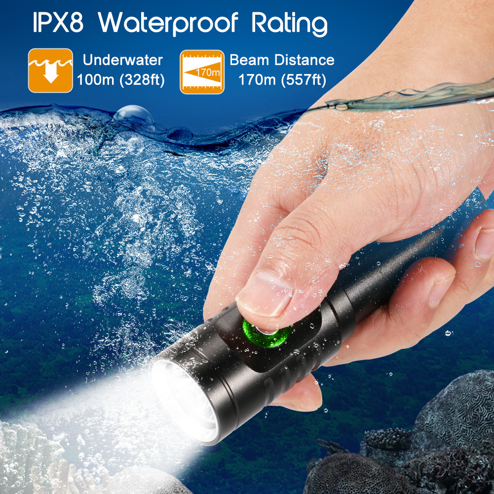 100m 328ft  1050 Lumen XM-L2 5000k LED Scuba underwater IPX8  waterproof diving flashlight with 18650 battery and charger