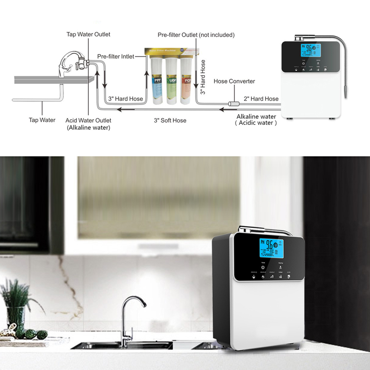 Japan technology 12000L portable alkaline water purifier alkaline water filter connected with the faucet