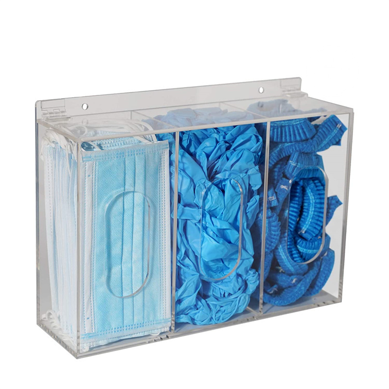 Wall Mount Acrylic Clear Hairnet & Shoe Cover Dispenser Triple Disposable Mask Glove Holder with Lid