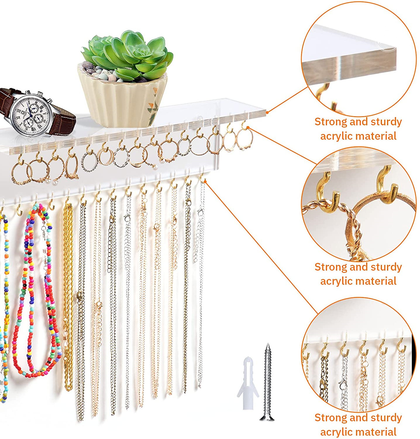 Clear Acrylic Jewelry Organizer Wall Mounted Hanging Jewelry Display Holder Hanging Rings Earrings Necklace Holder