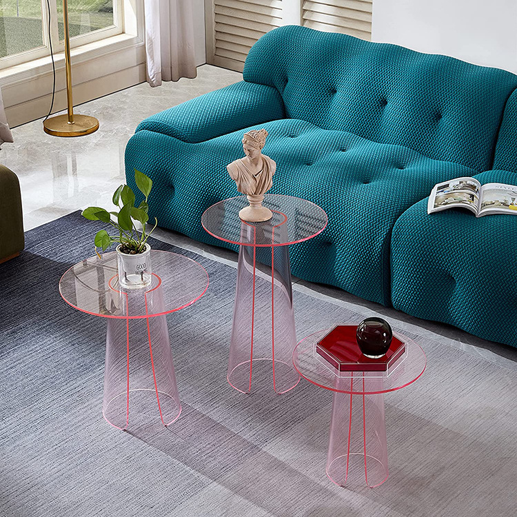 Factory hot sale custom unique design pink acrylic round lucite coffee table for living room