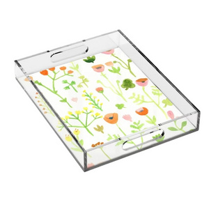 Wholesale UV printing monogrammed clear decorative  acrylic lucite serving tray with paper insert