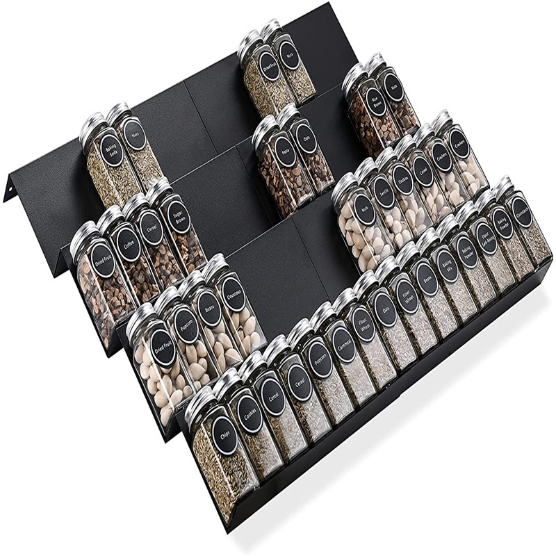 Adjustable intangible desktop 3 tier 20-bottle black acrylic spice rack drawer organizer for home