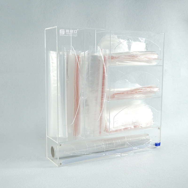 Wall mount DIY 3 layers clear custom large acrylic plastic wrap dispenser box with slide cutter and label