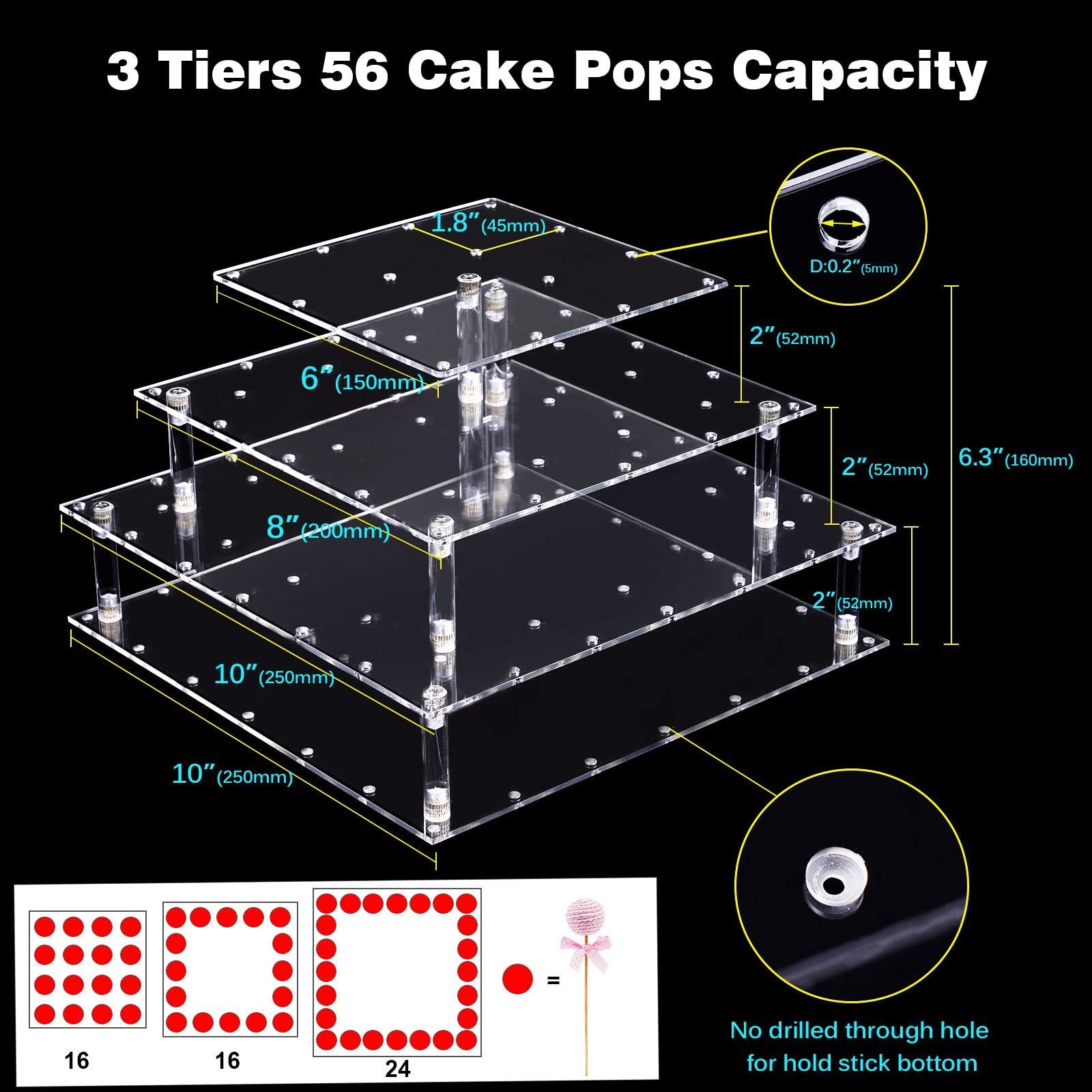 Wholesale Customized Premium Clear Acrylic Cake Pop Display Stand 3 Tier Square Acrylic Lollipop Display Holder