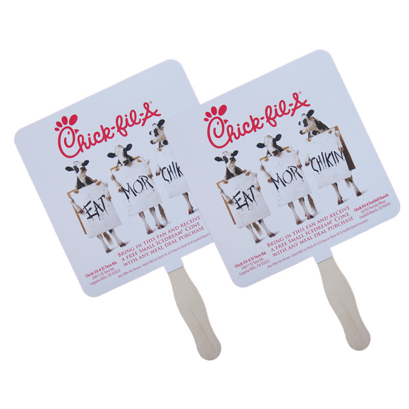 Custom Shaped Wooden Handle Paper Paddle Hand Held Fans for advertising