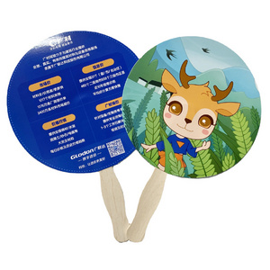 Custom Shaped Wooden Handle Paper Paddle Hand Held Fans for advertising