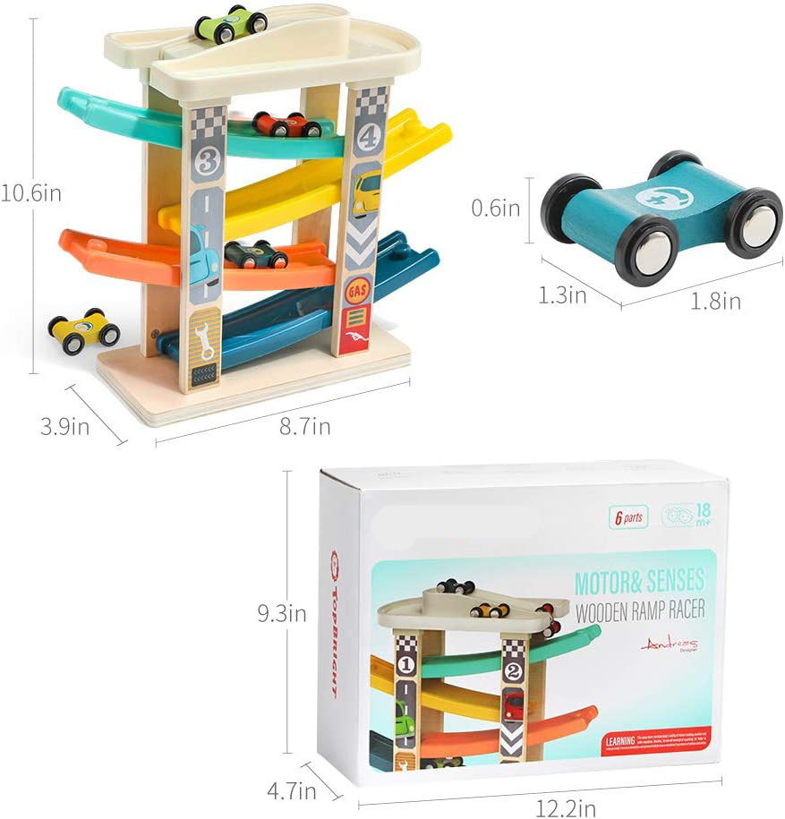 Wooden toy Toddler Wooden Race Track Car Ramp Toys  Motor Skills Race Tracks Car Ramp Vehicle Playsets with 4 Mini Car