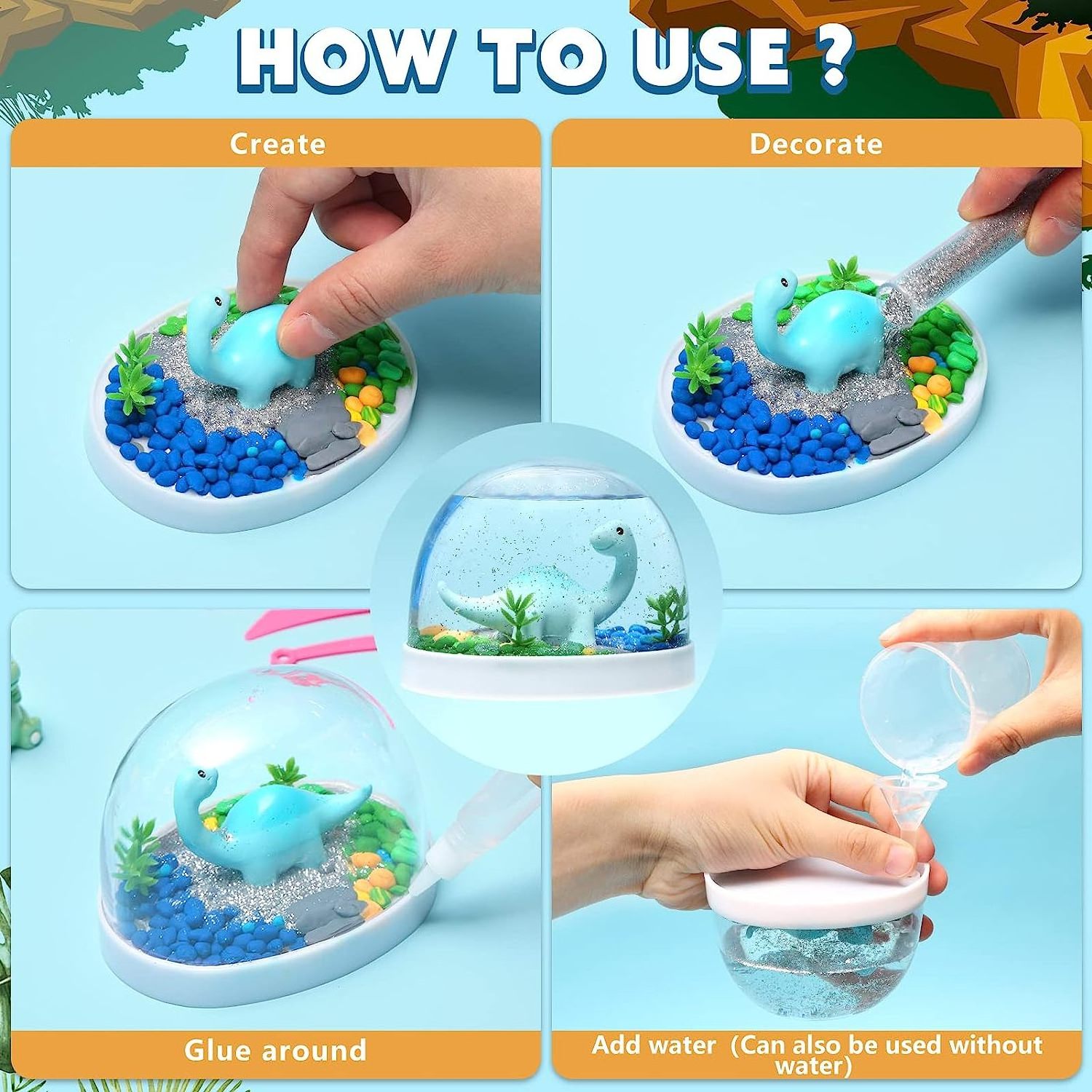 Dinosaur Snow Globe Making Kit sets if 4 Water Globe Kit with 4 Different Dinosaur Toys Make Creative Dinosaur Arts and Crafts