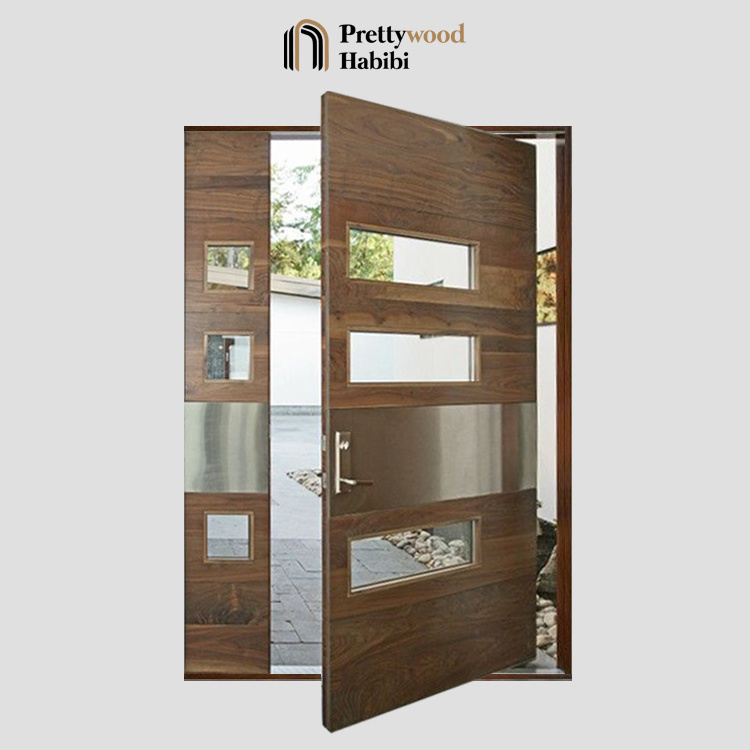 Prettywood Modern House Exterior Entrance One And Half Door Design Glass Inserted Solid Wooden Walnut Front Pivot Entry Door