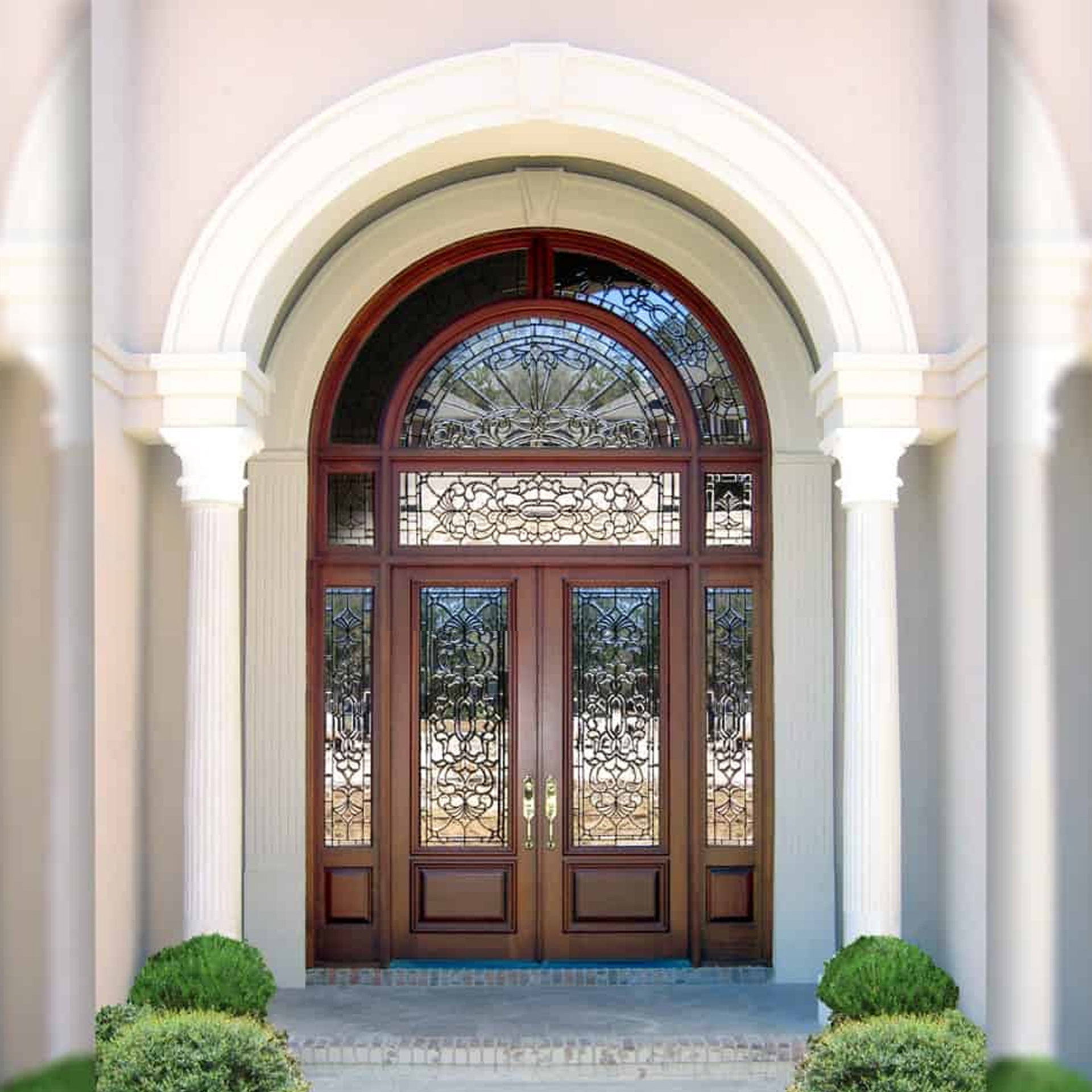 American Arched Top Glass Inserted No Crack Solid Exterior Wooden Traditional Front Door Designs