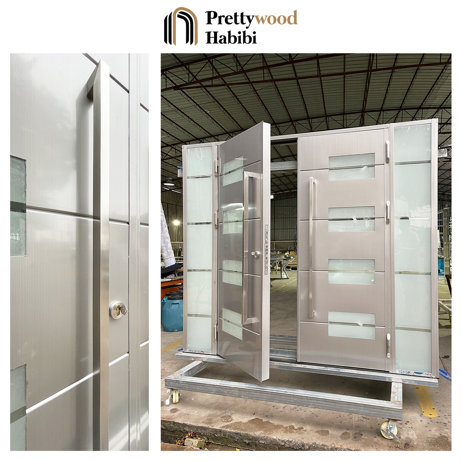 Modern Grey Design Waterproof Prehung Glass Inserted Metal Exterior Solid Aluminum Front Doors