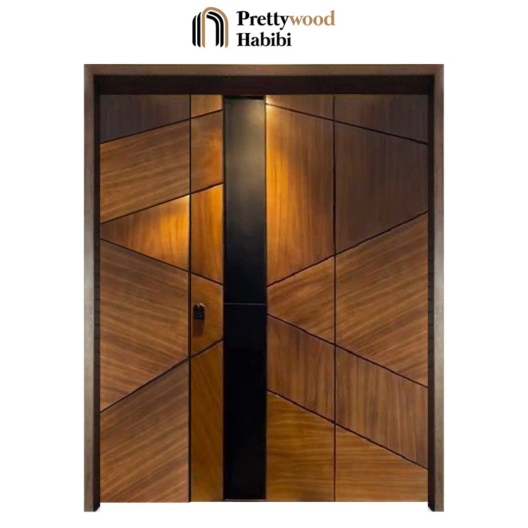 American Black Walnut Custom Made Geometric Design Large Steel Handle Solid Wooden Exterior Front Entry Door For houses