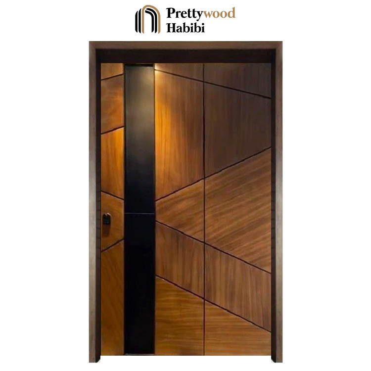 American Black Walnut Custom Made Geometric Design Large Steel Handle Solid Wooden Exterior Front Entry Door For houses