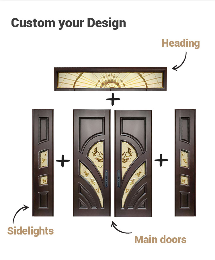 American Arched Top Glass Inserted No Crack Solid Exterior Wooden Traditional Front Door Designs