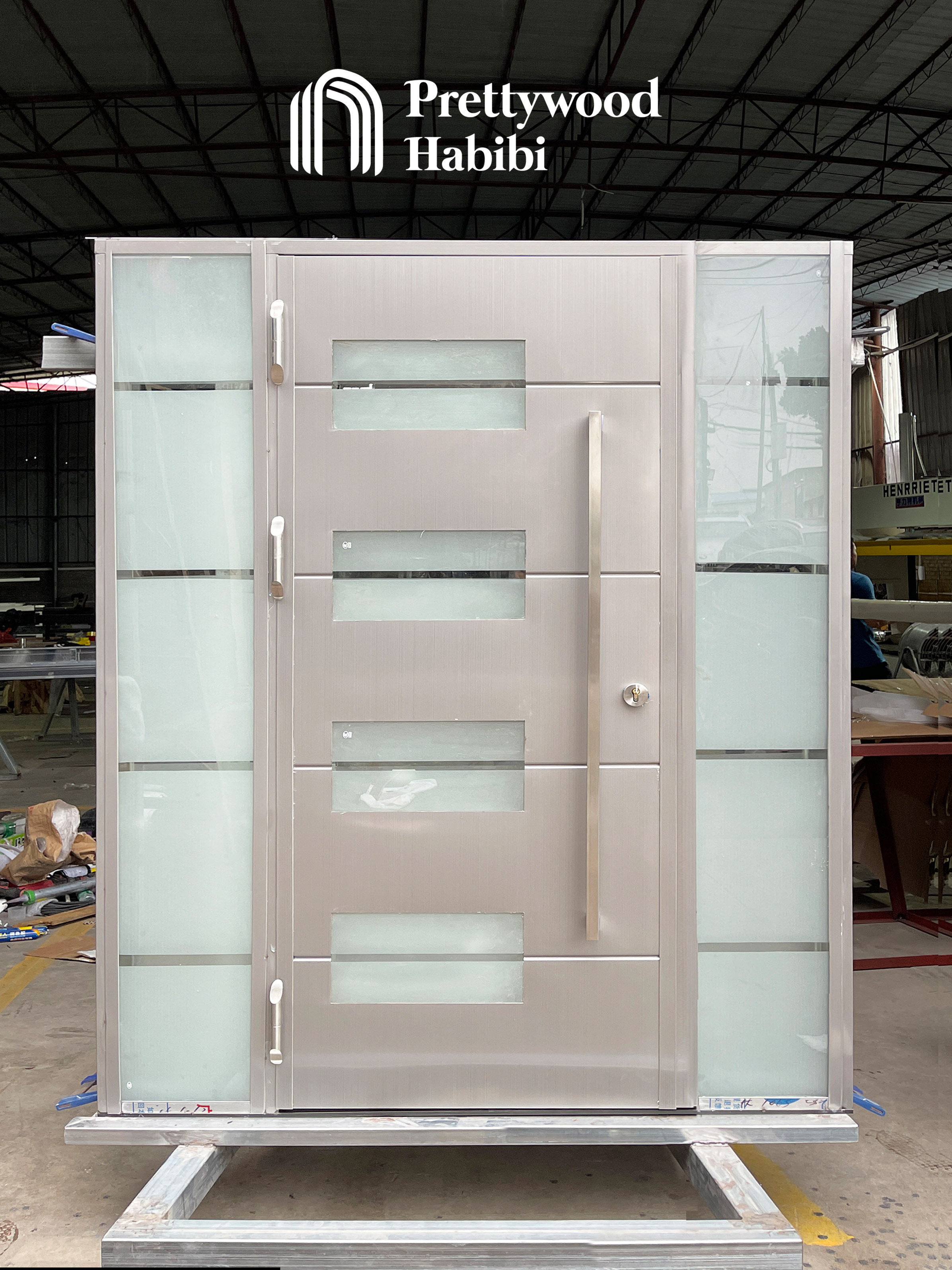 Modern Grey Design Waterproof Prehung Glass Inserted Metal Exterior Solid Aluminum Front Doors