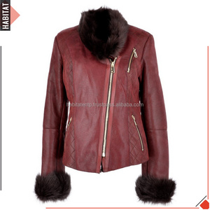 Women Leather Jacket with Rabbit Fur Collar Cuffs