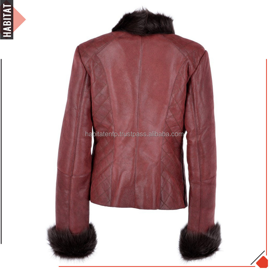 Women Leather Jacket with Rabbit Fur Collar Cuffs