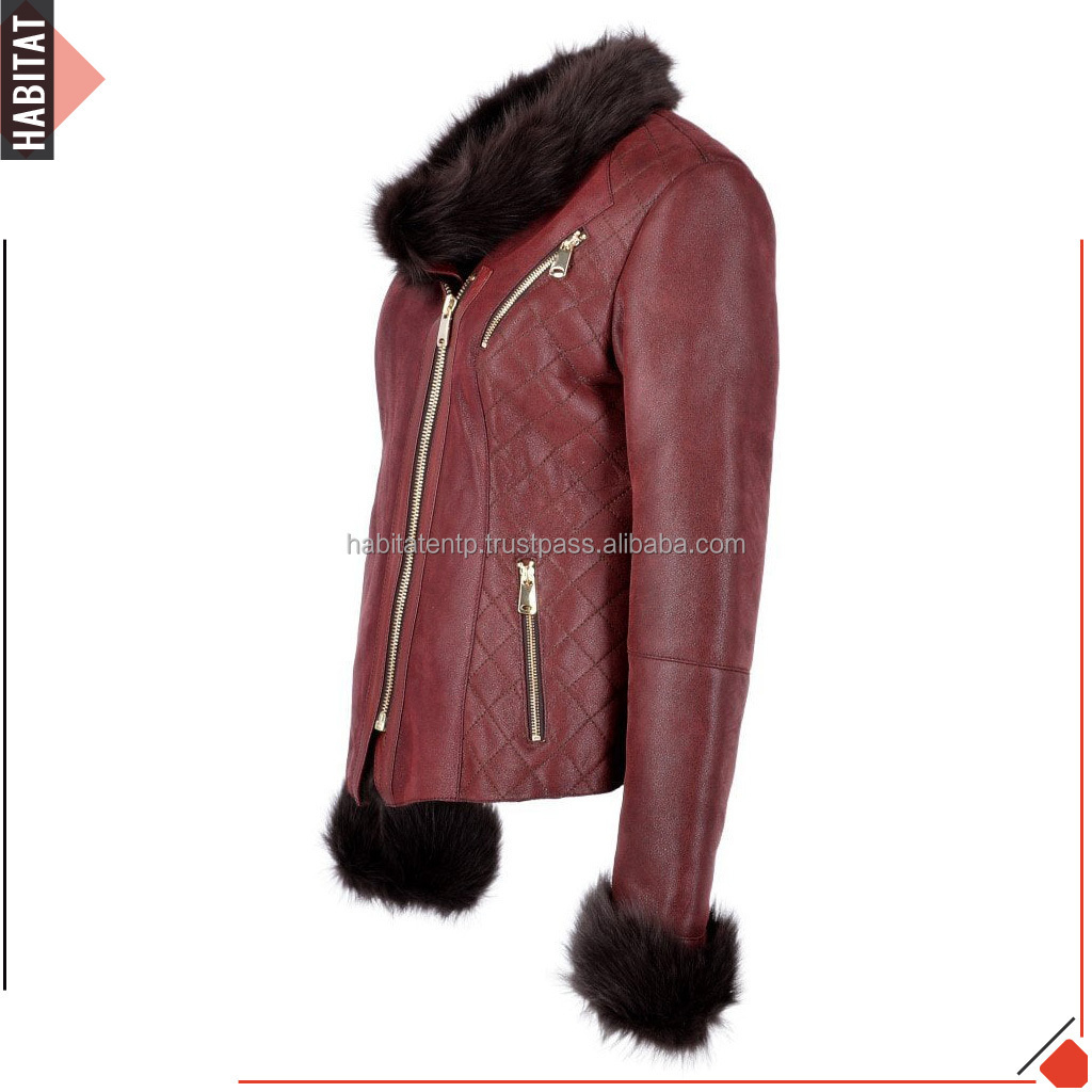 Women Leather Jacket with Rabbit Fur Collar Cuffs