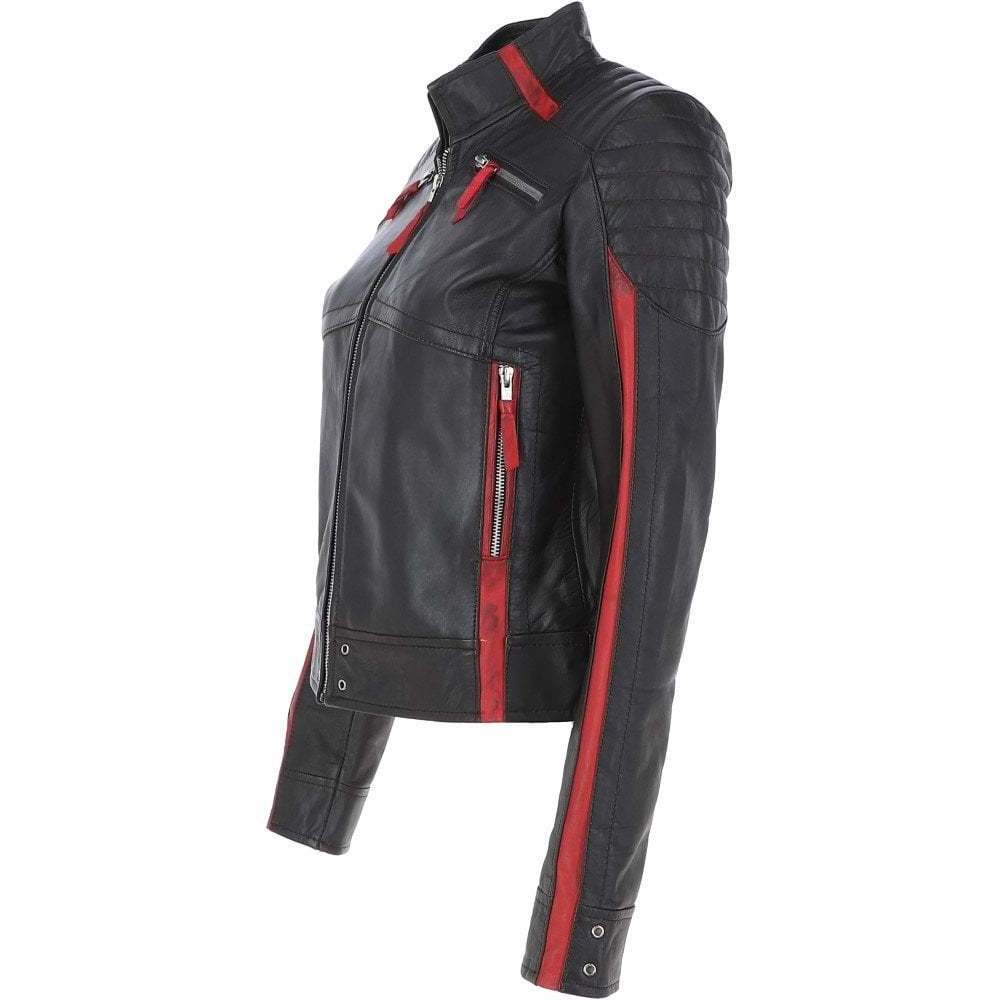 Leather Jacket with Red Strips Line Style Padded Shoulder Biker Racer Designers Retro Black Fitted Quilted Pocket Jackets