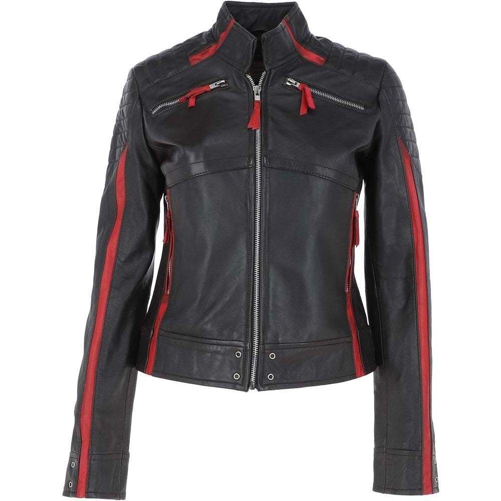 Leather Jacket with Red Strips Line Style Padded Shoulder Biker Racer Designers Retro Black Fitted Quilted Pocket Jackets