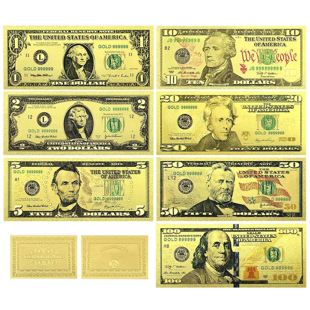 1/2/5/10/20/50/100 US Dollar Gold Foil Banknote Furniture Decoration Plastic Money Crafts Collectibles Holiday Gifts