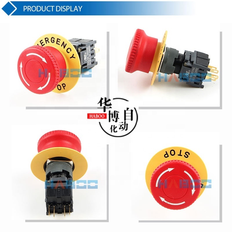 HBA16 series machine mushroom with label Emergency stop PUSH BUTTON SWITCHES