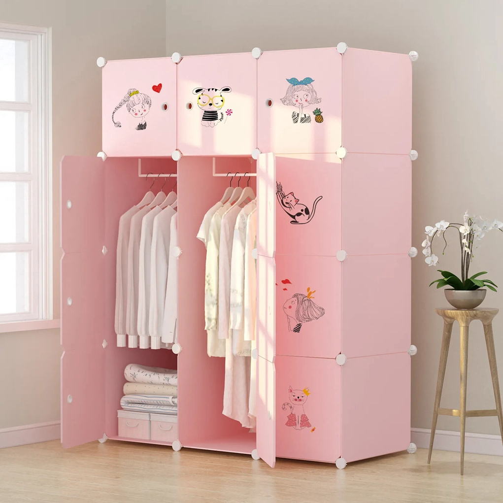 Simple wardrobe fabric storage cabinet wardrobe thickened durable family bedroom rental room pink plastic wardrobe