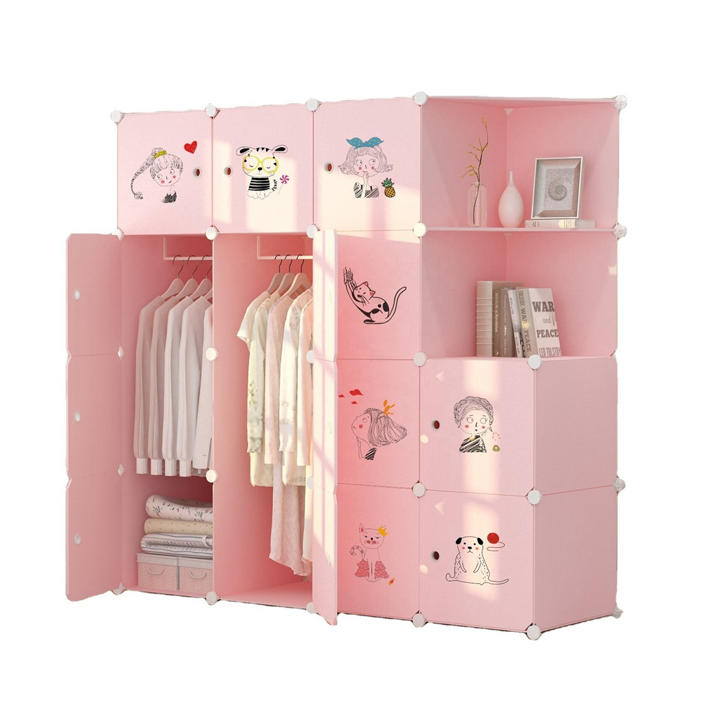 Simple wardrobe fabric storage cabinet wardrobe thickened durable family bedroom rental room pink plastic wardrobe