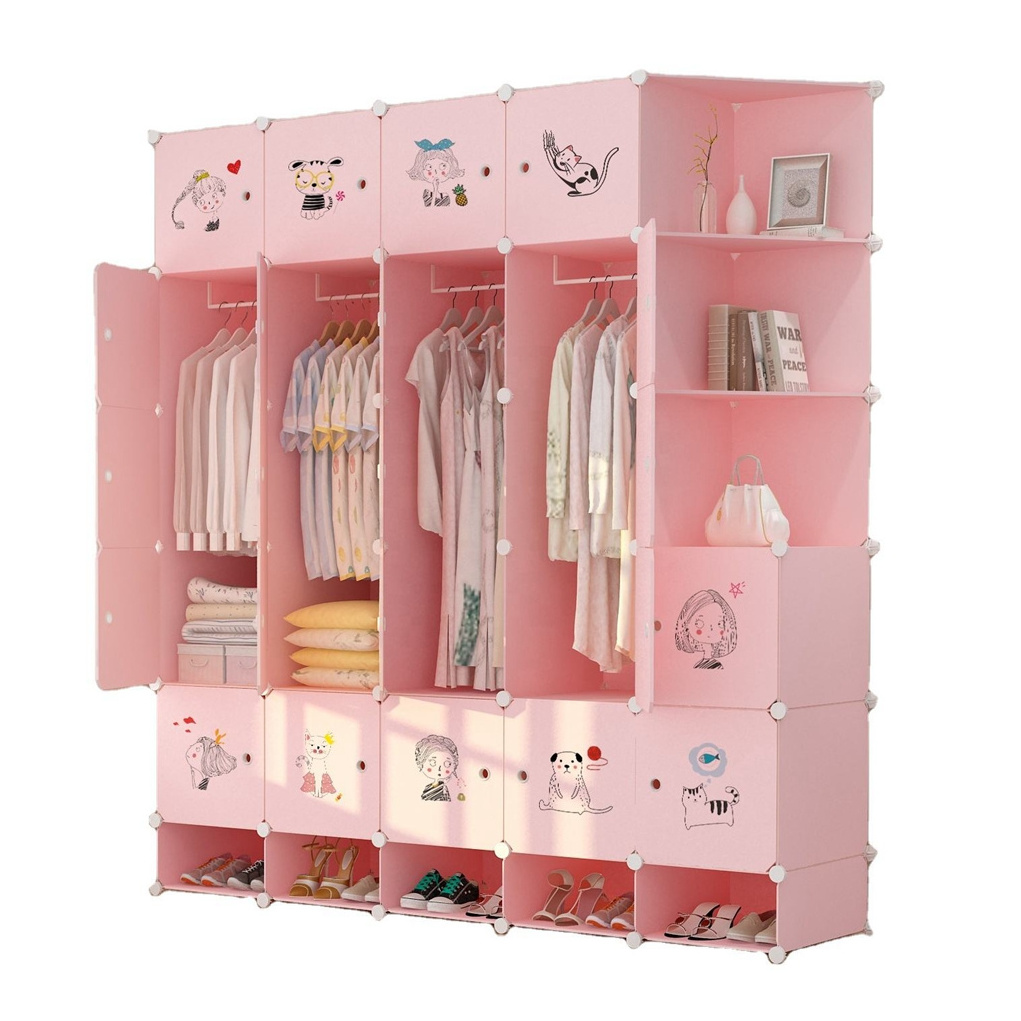 Simple wardrobe fabric storage cabinet wardrobe thickened durable family bedroom rental room pink plastic wardrobe