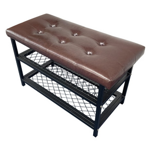 Shoe Rack with Cushioned Seat, Shoe Bench for Entry, 2 Shelves Storage Bench w/Faux Leather Top Bed Bench, Brown