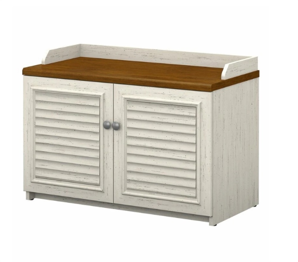 Shoe Storage Bench Entryway Bench with Door Cabinet Shelve Cushioned Seat and Handle MDF Modern Antique White