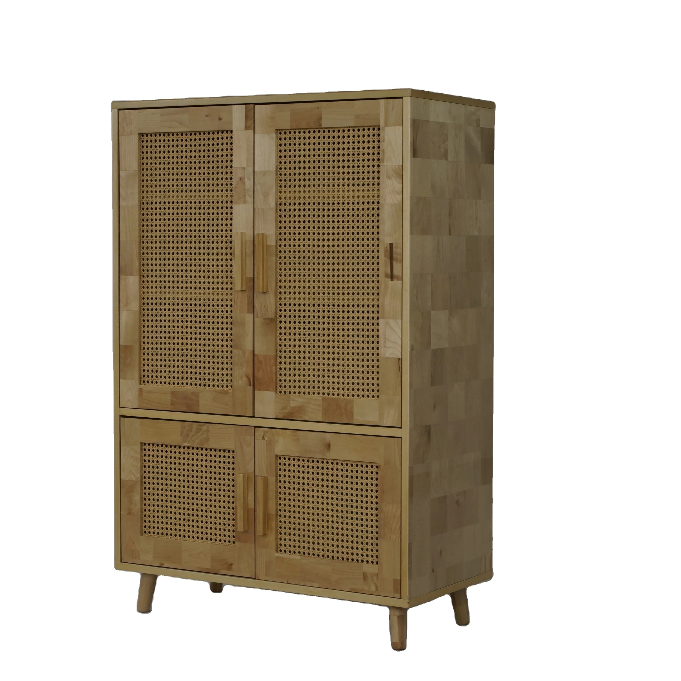 Rattan Storage Cabinet with 4 Doors Tall Cabinet Rattan Pantry Freestanding Accent Modern Storage Cabinet