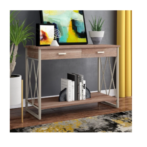 Natural/White 42" Side Table Desk with 2 Drawer Undershelf Contemporary Console Table with Iron Leg for Living Room