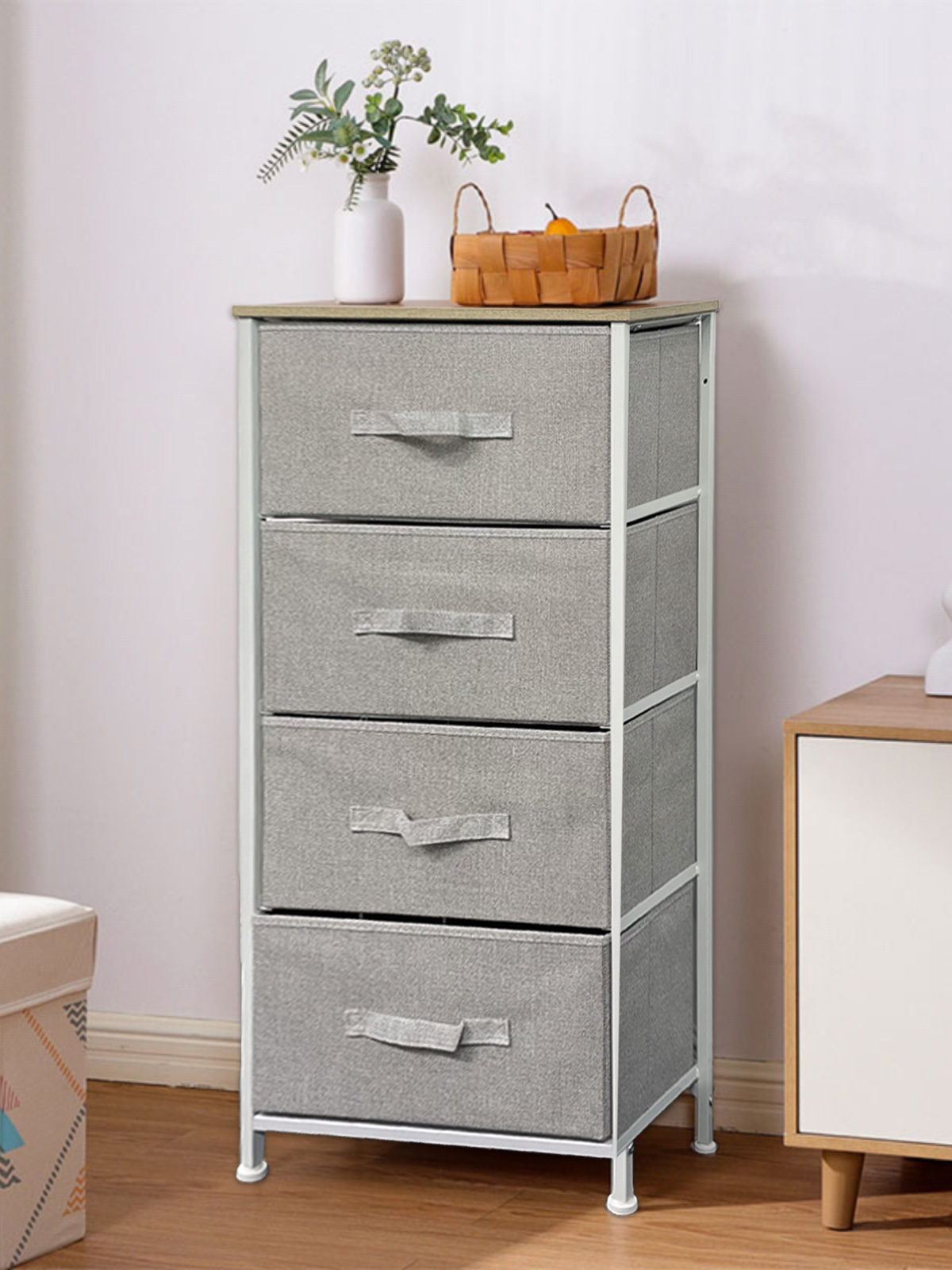 4 Drawers Storage Tower Organizer Fabric Dresser Bedroom Hallway Entryway Closets Sturdy Steel Frame Wood Top Easy Pull Handle