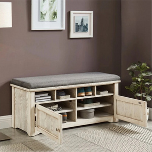 Wood Storage Shoe Rack Bench with Two Doors Old White MID-Century Entryway Storage Bench with Padded Seat