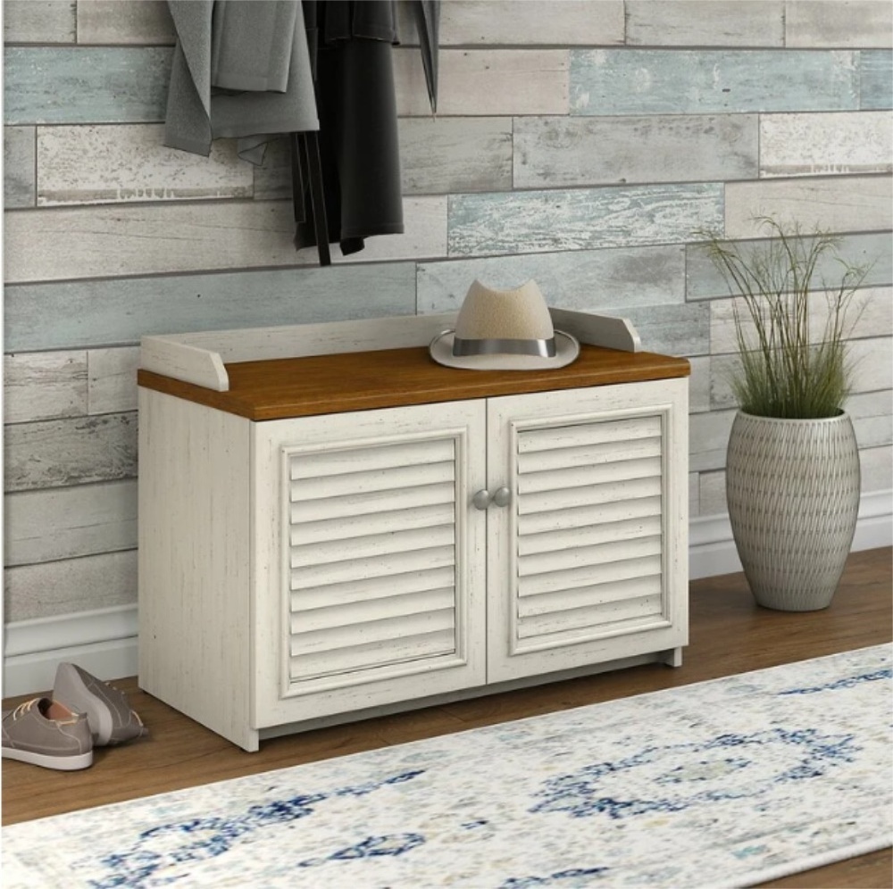 Shoe Storage Bench Entryway Bench with Door Cabinet Shelve Cushioned Seat and Handle MDF Modern Antique White