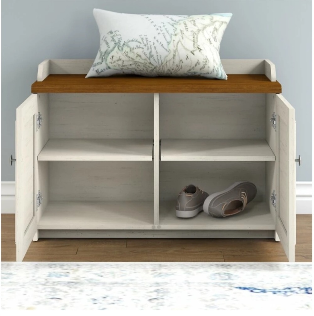 Shoe Storage Bench Entryway Bench with Door Cabinet Shelve Cushioned Seat and Handle MDF Modern Antique White