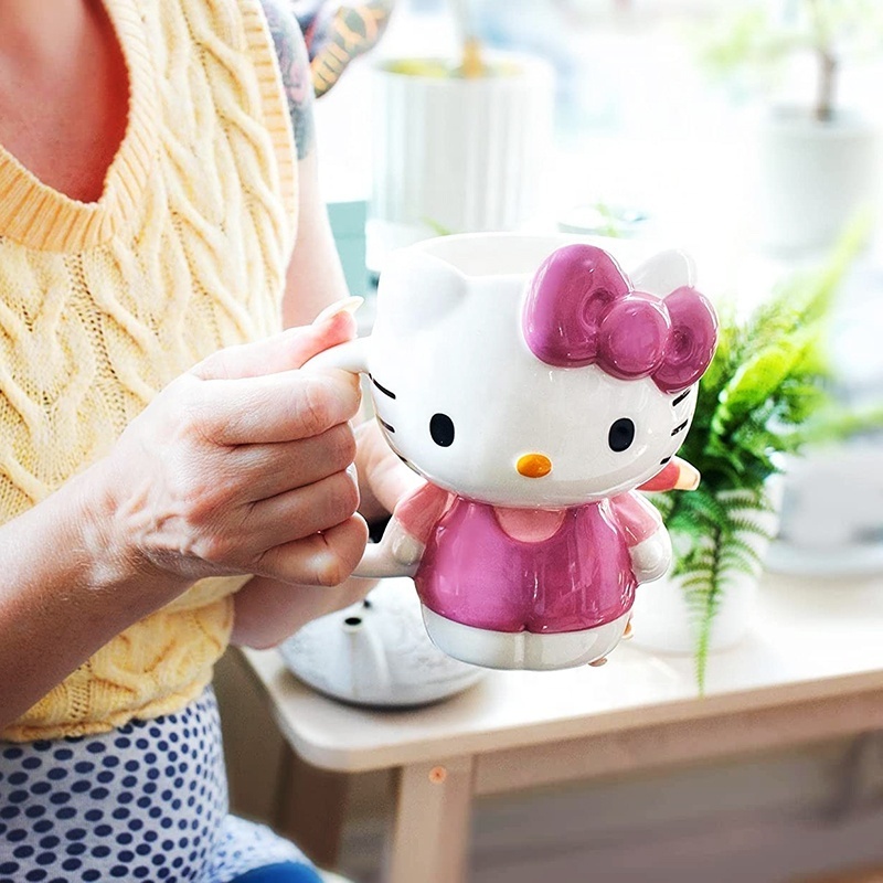 Custom new oversized oz 3d hello Cat Figural Coffee cup Cute ceramic pink kitty cartoon character mug