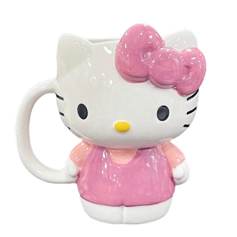 Custom new oversized oz 3d hello Cat Figural Coffee cup Cute ceramic pink kitty cartoon character mug