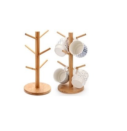 Latest design wood mug holder tree 6 Hooks Wood Cup Rack Tea Coffee Bar Organizer Accessories Mug Hanger Stand