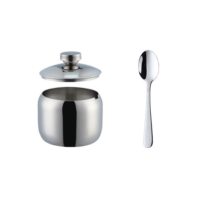 High quality stainless steel sugar& salt bowl seasoning container salt and pepper bowl from stainless steel lid and spoon