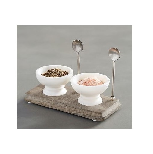 Best selling marble Salt and Pepper Bowls and Pinch spice Pots wood holder with brass spoon and green white stone salt bowl